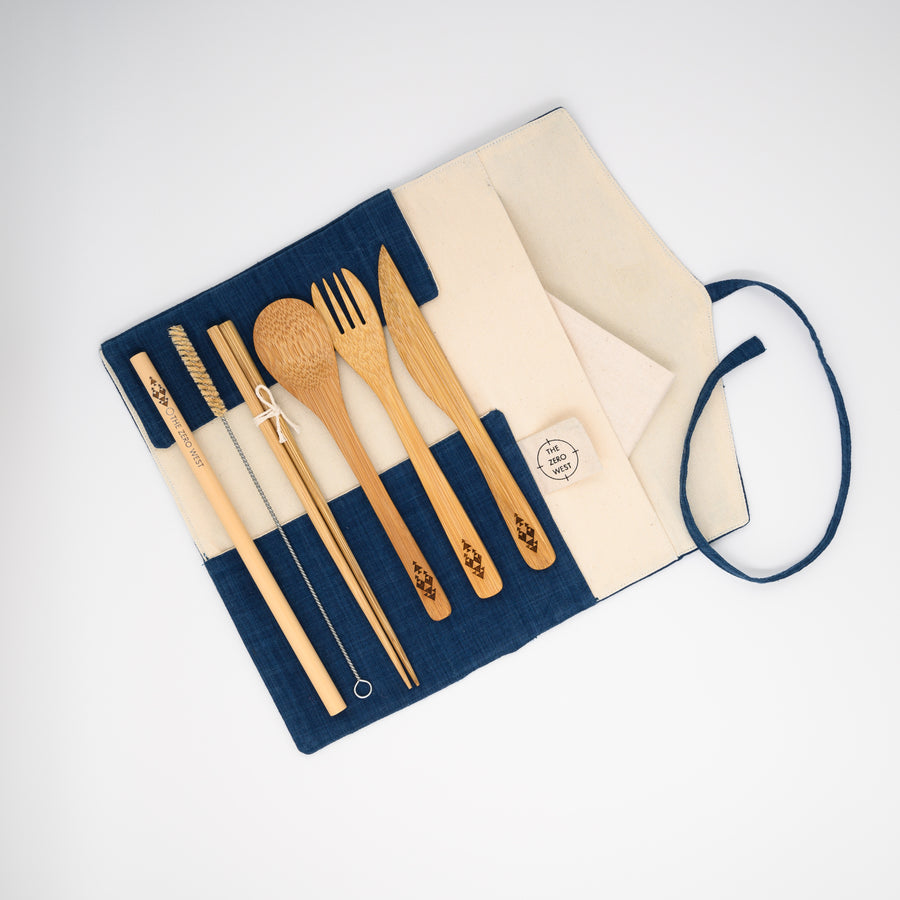 "COMPLEAT" - Reusable Bamboo Cutlery Set & Travel Napkin Pouch