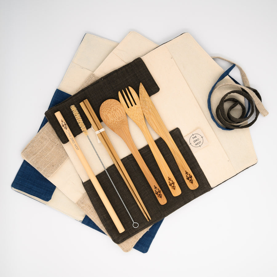 "COMPLEAT" - Reusable Bamboo Cutlery Set & Travel Napkin Pouch