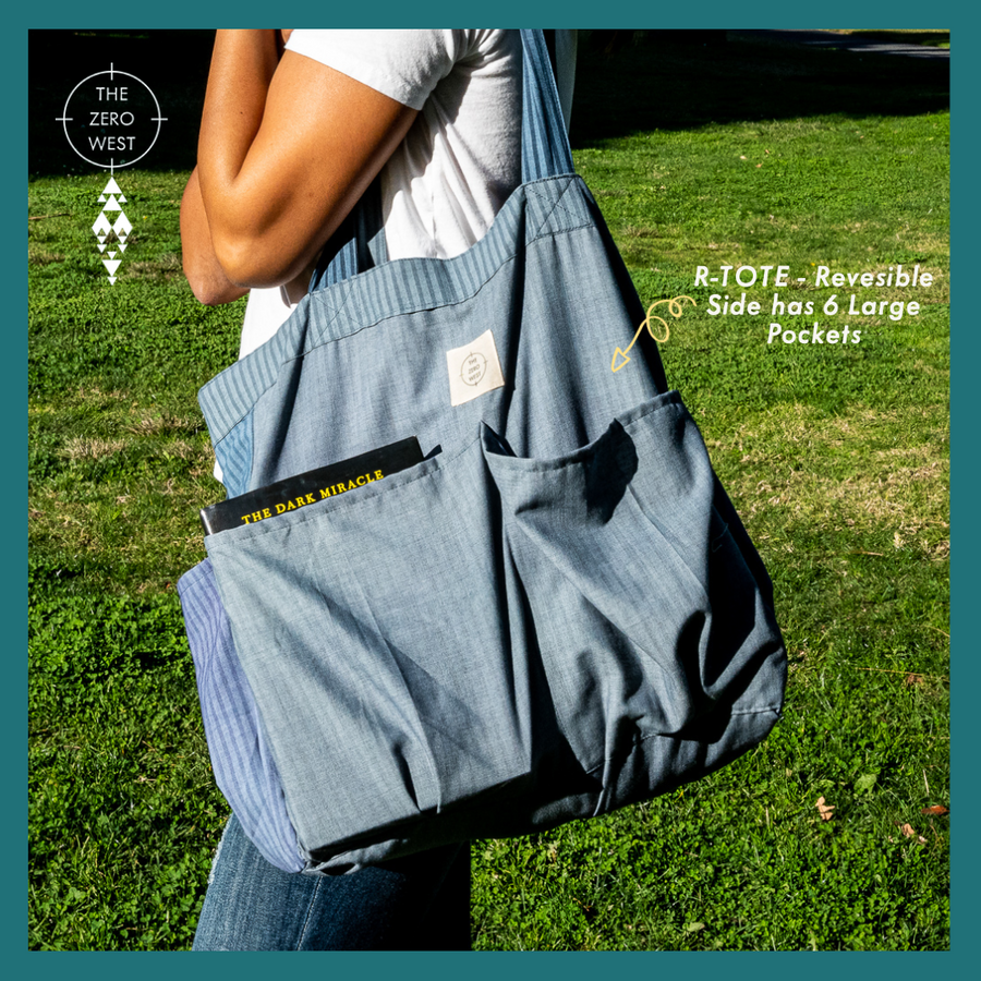 R-TOTE:  Large Reversible Upcycled Cotton Tote With 6 Big Extra Pockets